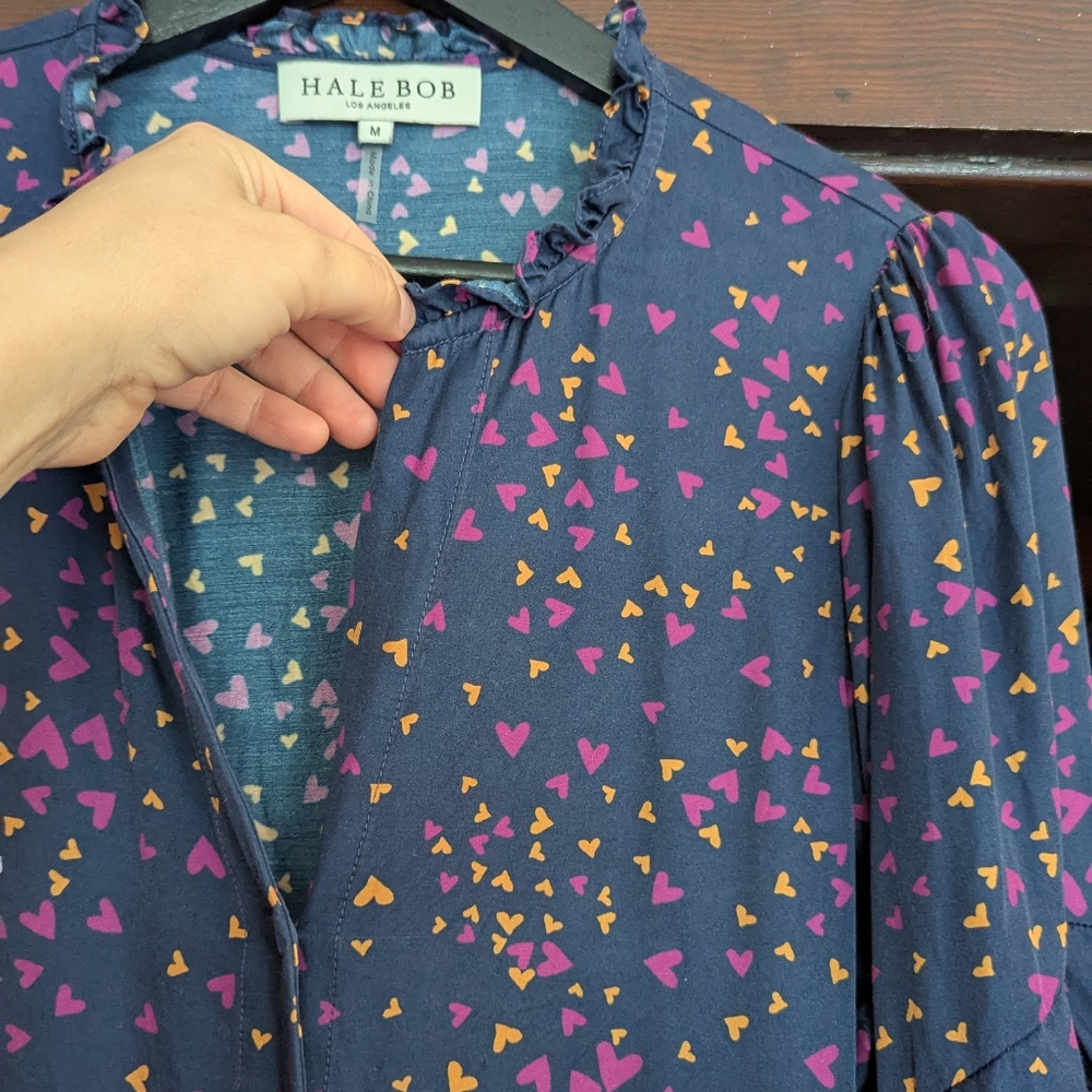 Hale Bob Blue Purple Silk Blend Blouse Hearts Long Sleeve Buttons Medium (Large) - Picture 14 of 16